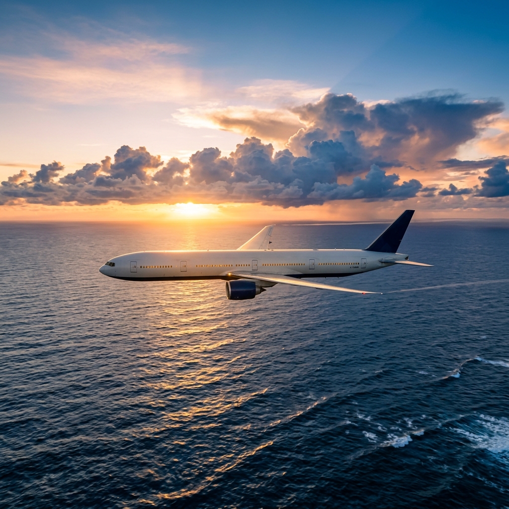 Commercial passenger jet flying over the Atlantic ocean at sunset